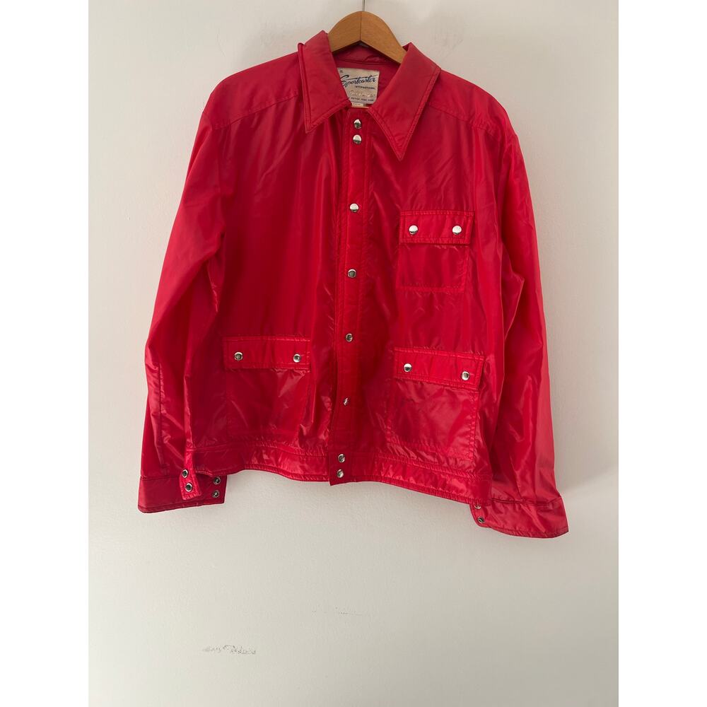 1970s Vintage Sportcastor Button Down Utility Rain Jacket True Red XL JL